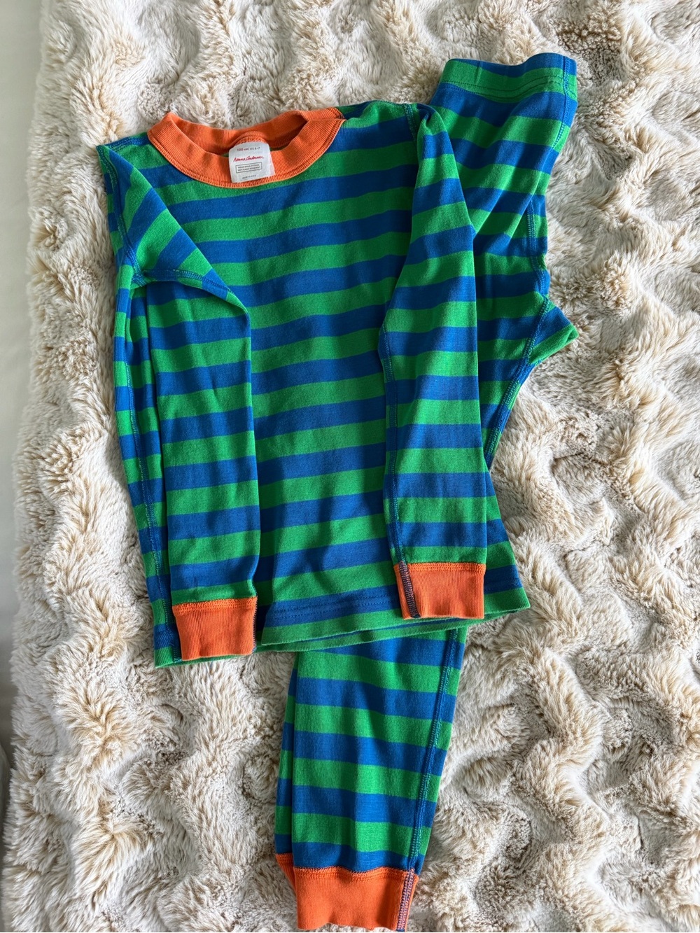 Hanna Andersson Green & Blue Striped Kids Pajama Set with Orange Trim